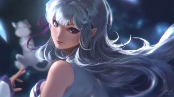 Обои на рабочий стол Эмилия / Emilia из аниме Re: Жизнь в альтернативном мире с нуля / Re:Zero kara Hajimeru Isekai Seikatsu, by raikoart