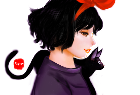 Обои на рабочий стол Kiki / Кики и Jiji / Джиджи из аниме Kikis Delivery Service / Ведьмина служба доставки, by Fuyunanzi