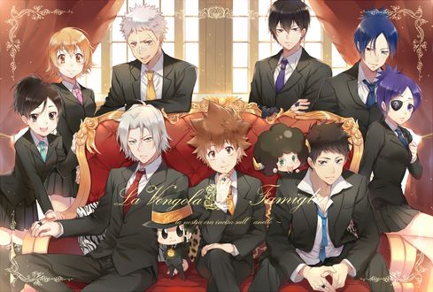 Обои на рабочий стол Vangola famiglia - Takeshi Yamamoto, Chrome Dokuro, Гокудера Хаято / Gokudera Hayato, Хибари Кея / Hibari Kyoya, Рокудо Мукуро / Rokudou Mukuro, Dino Cavallone и Савада Цунаеши / Sawada Tsunayoshi из аниме Учитель-мафиози Реборн! / Katekyo Hitman Reborn!