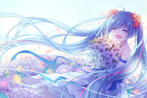 Обои на рабочий стол Vocaloid Hatsune Miku / Вокалоид Хатсунэ Мику с букетом белых лилий на фоне цветущего поля