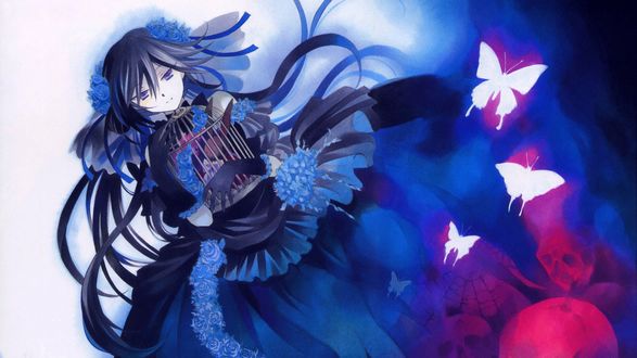 Обои на рабочий стол Алиса / Alice из аниме Сердца Пандоры / Pandora Hearts в платье с синими розами, обнимает клетку с сидящим в ней игрушечным черным кроликом, среди бабочек и черепов
