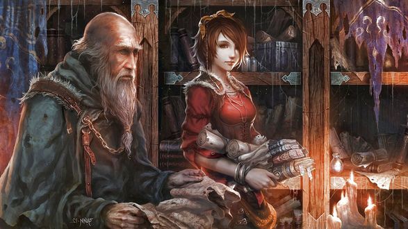 Обои на рабочий стол Девушка и старец в библиотеке. Девушка несет книги, мужчина читает пергамент