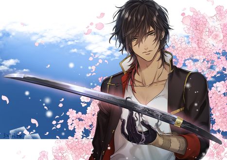 Обои на рабочий стол Ookurikara с катаной на фоне цветущуй сакуры и голубого неба из игры Touken Ranbu / Танец мечей