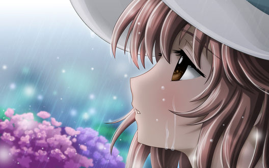 Обои на рабочий стол Кобато Ханато / Hanato Kobato из аниме и манги Кобато / Kobato, стоит грустная под дождем на фоне цветов, автор Yamionpu