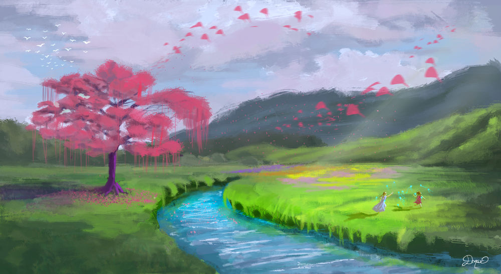 Обои для рабочего стола Девушка с девочкой, бегающая по зеленому лугу, на фоне неба над горами, голубой реки и цветущей сакуры, by ivonadenovic