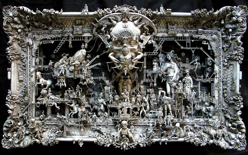 Обои для рабочего стола Сюрреалистическая инсталляция с черепом, женщинами, рабочими, детьми, скелетами, деталями в рамке. Художник–сюрреалист Крис Кукси