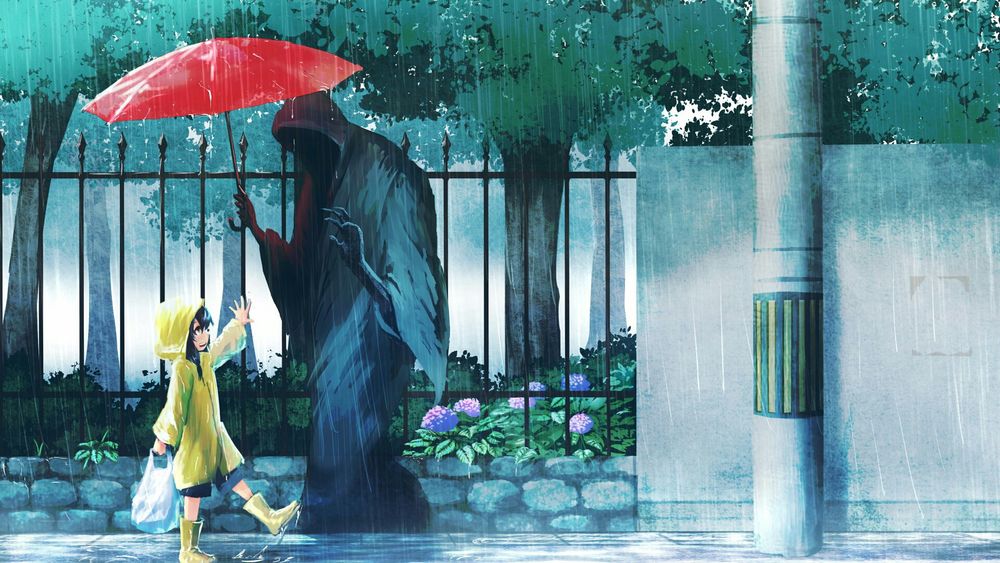 Обои для рабочего стола Смерть держит красный зонтик над девочкой на тротуаре в городе