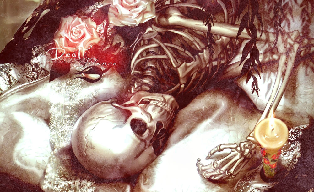 Обои для рабочего стола Скелет спит в розах и со свечей на шелковой простыне (Death Silence)