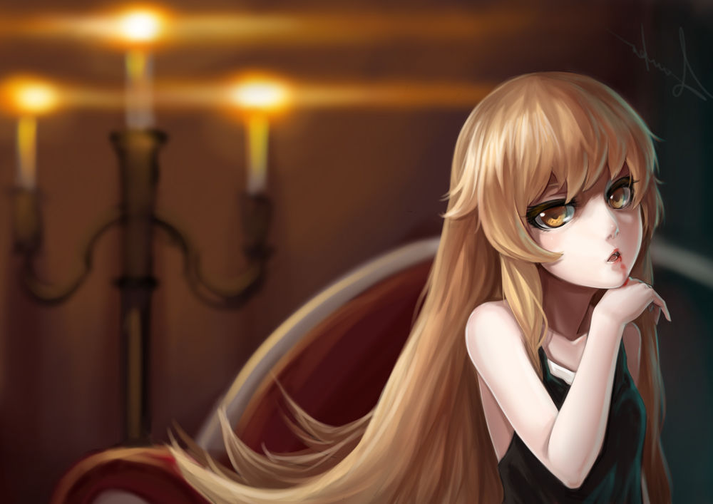 Обои для рабочего стола Синобу Осино / Shinobu Oshino из аниме Монстрассказы / Bakemonogatari в комнате при свечах вытирает кровь с губ
