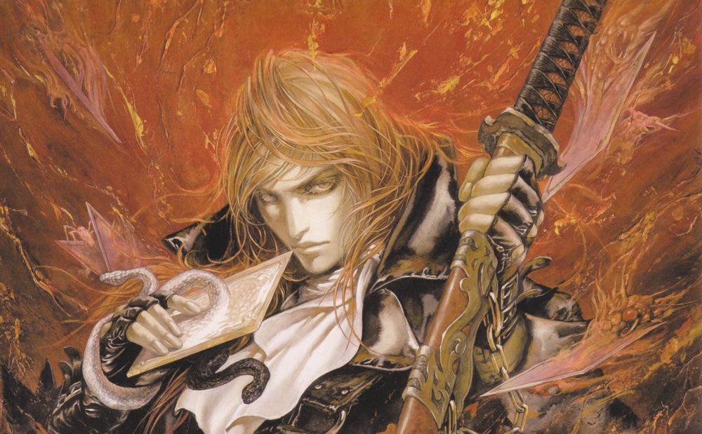 Обои для рабочего стола Вампир Richter Belmont / В Рихтер Бельмонт с катаной и со змеей на фоне огня из игры Castlevania