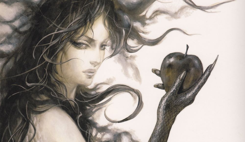 Обои для рабочего стола Ева с рукой змеи и волосами Горгоны с яблоком в руке. Castlevania