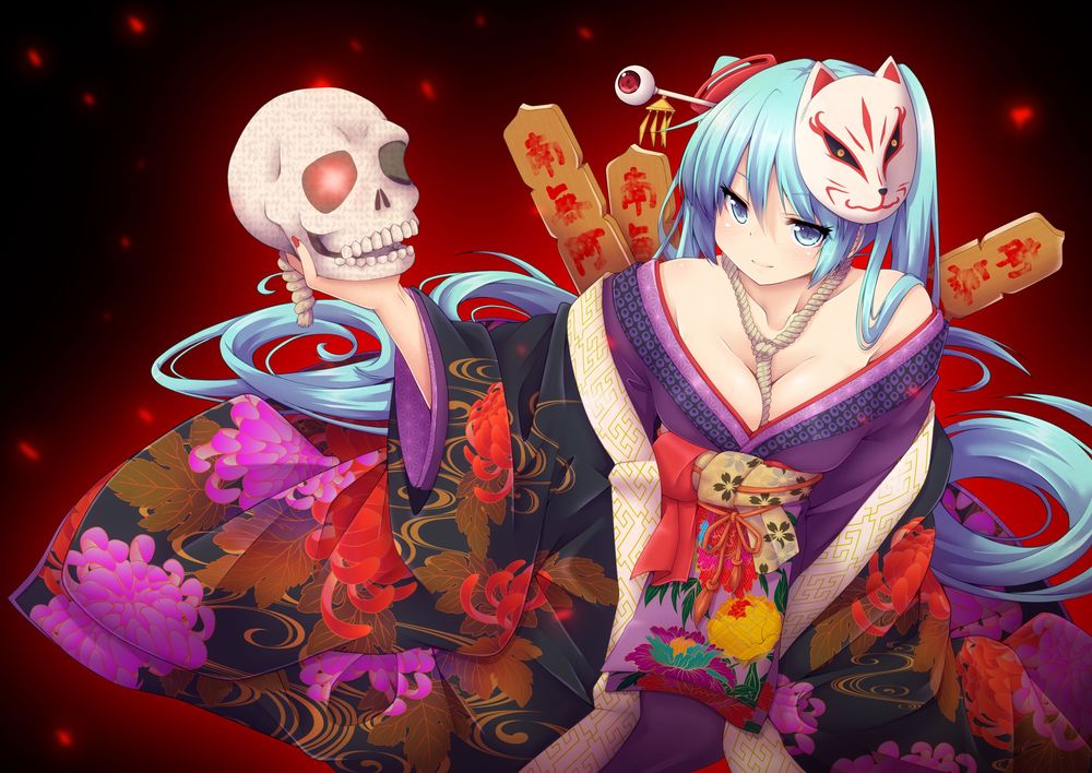 Обои для рабочего стола Vocaloid Hatsune Miku / Вокалоид Хацунэ Мику в кимоно, с маской кицунэ на голове и петлей на шее, держит в руке человеческий череп с горящей красной глазницей