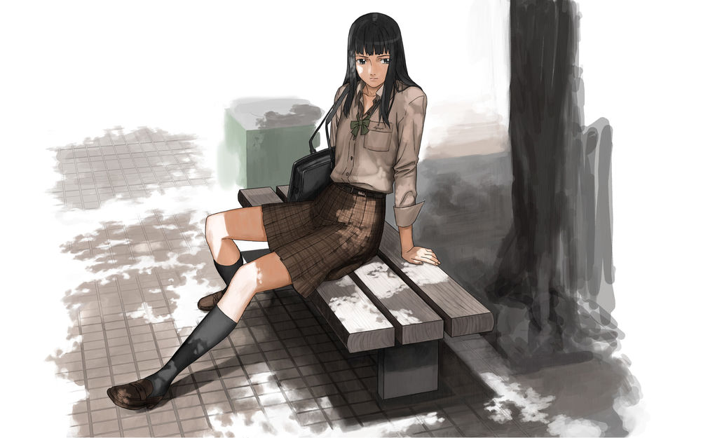 Обои для рабочего стола Девочка Yukari Hayasaka / Хаясака Юкари в грязной одежде сидит на скамейке возле дерева и мусорного бака, аниме Paradise Kiss / Райский поцелуй
