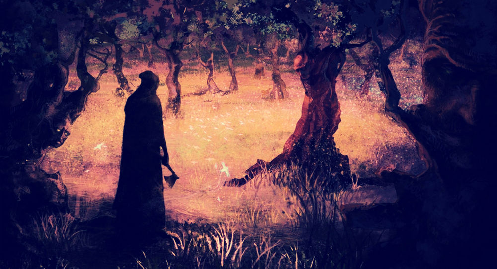 Обои для рабочего стола Смерть с топором в лесу с освещенной лужайкой, by Rahmatozz