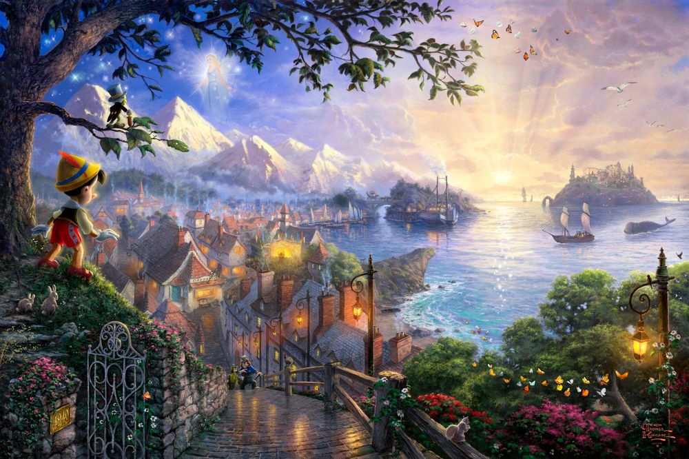 Обои для рабочего стола Pinocchio / Пиноккио смотрит на развернувшийся пейзаж, мультфильм Пиноккио студии Disney / Уолта Диснея, художник Thomas Kinkade