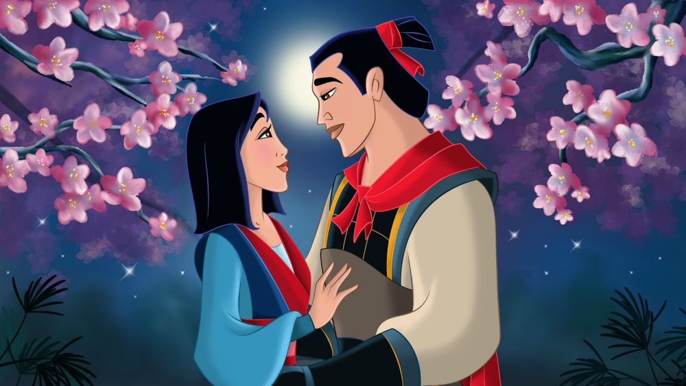Обои для рабочего стола Mulan / Мулан и Shang / Шанг стоят под цветущими деревьями обнимаясь, персонажи мультфильма Mulan / Мулан