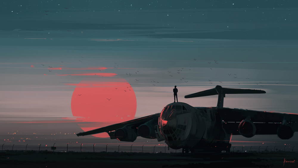 Обои для рабочего стола Парень стоит на самолете на фоне неба с красным солнцем, by Aenami
