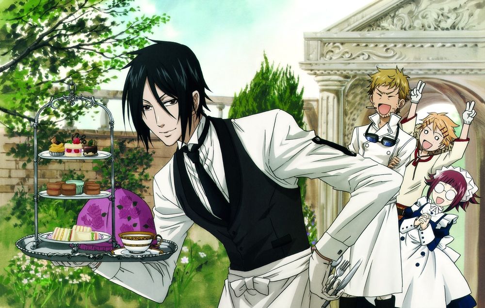 Обои для рабочего стола Sebastian Michaelis / Себастьян Михаэлис с подносом и другие слуги из аниме Dark Butler / KuroShitsuji / Темный дворецкий, art by Yana Toboso