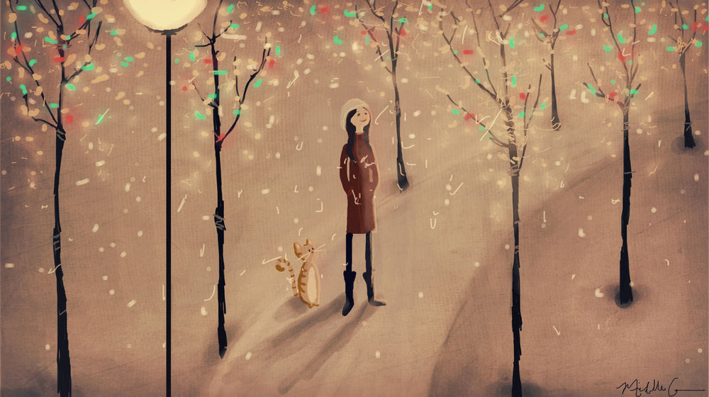 Обои для рабочего стола Девушка и котик стоят среди деревьев и фонарей зимой, by lily-azalea