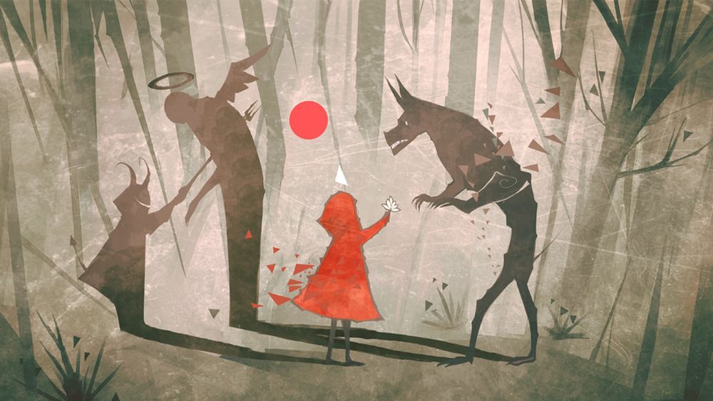 Обои для рабочего стола Девочка в красном в лесу рядом с волком и ее тень с рогами рядом с ангелом