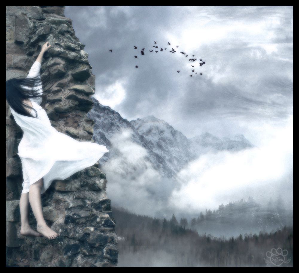 Обои для рабочего стола Девушка в белом на скале машет рукой пролетающим над горами и лесами птицам, by silentfuneral