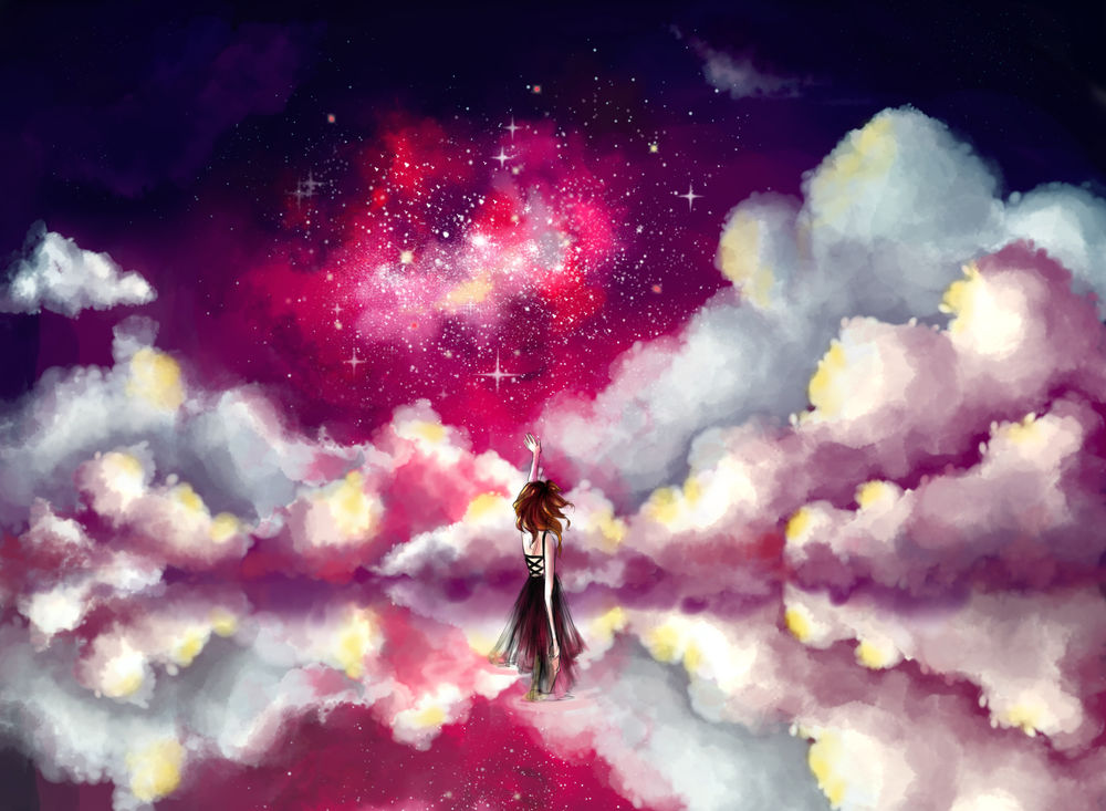 Обои для рабочего стола Рыжеволосая девушка, стоя в воде, тянет руку в ночное небо с облаками, by chiaroscuro8