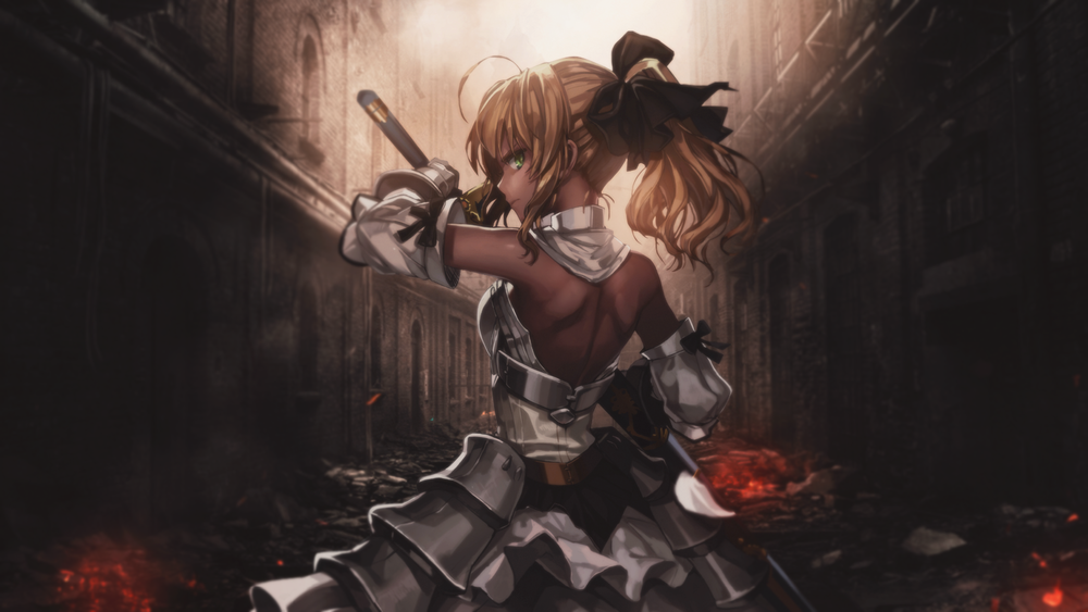 Обои для рабочего стола Сэйбер Лили / Сейбер Лилия / Saber Lily, персонаж компьютерных игр Fate / unlimited codes и Fate / Grand Order, вынимает меч в темном переулке, сердито оглядываясь, автор Aditalfian