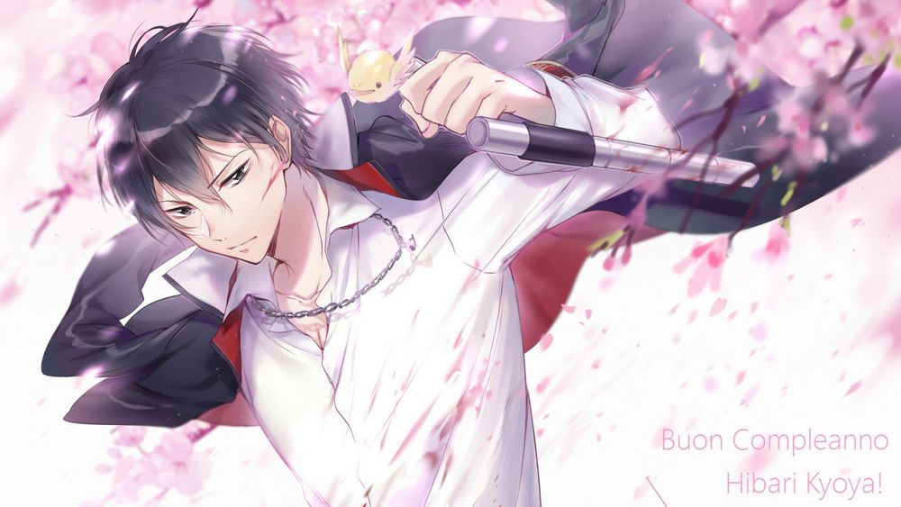 Обои для рабочего стола Hibari Kyoya / Хибари Кея и его птичка Hibird / Хиберд на фоне цветущей сакуры, аниме Katekyo Hitman REBORN! / Репетитор киллер Реборн!