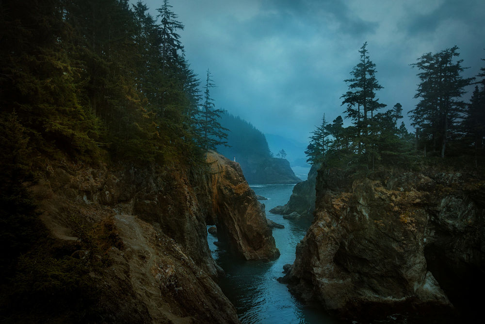 Обои для рабочего стола Днаушка стоит на краю скалы, парк Samuel H Boardman State Park in Oregon / Сэмюэл Х Бордман в Орегоне, фотограф TJ Drysdale