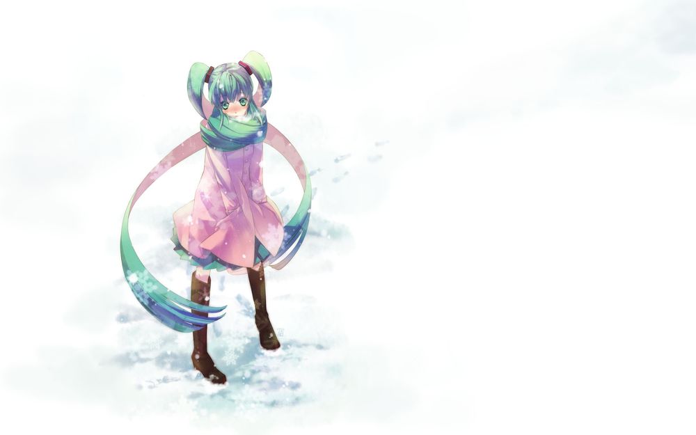 Обои для рабочего стола Vocaloid Hatsune Miku / Вокалоид Хатсуне Мику в розовом пальто, укутавшись своими волосами как шарфом, стоит на снегу