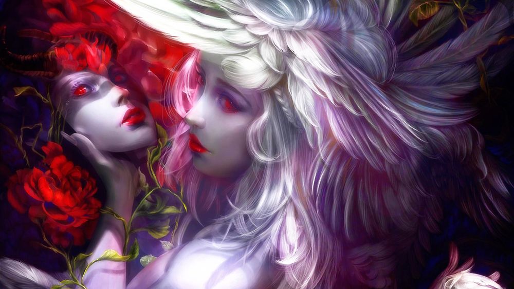 Обои для рабочего стола Девушка с белыми перьями на голове и красными глазами держит маску с красными розами