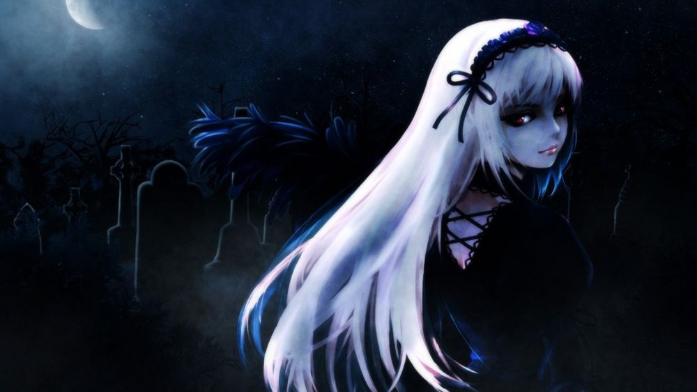 Обои для рабочего стола Суйгинто / Suigintou из аниме Девы Розена / Rozen Maiden туманной ночью на кладбище под луной