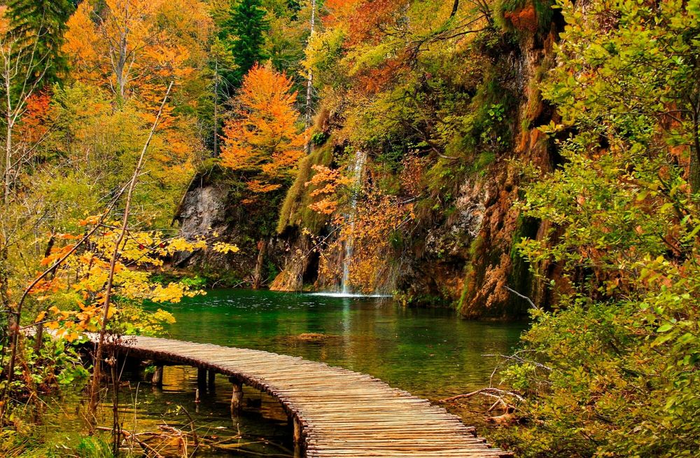 Обои для рабочего стола Водопад в осеннем парке с бревенчатым мостиком в Plitvice Lakes National Park, Croatia / Национальном парке на Плитвицких озерах, Хорватия, фотограф Jesus Sanchez-Bermejo Ramos