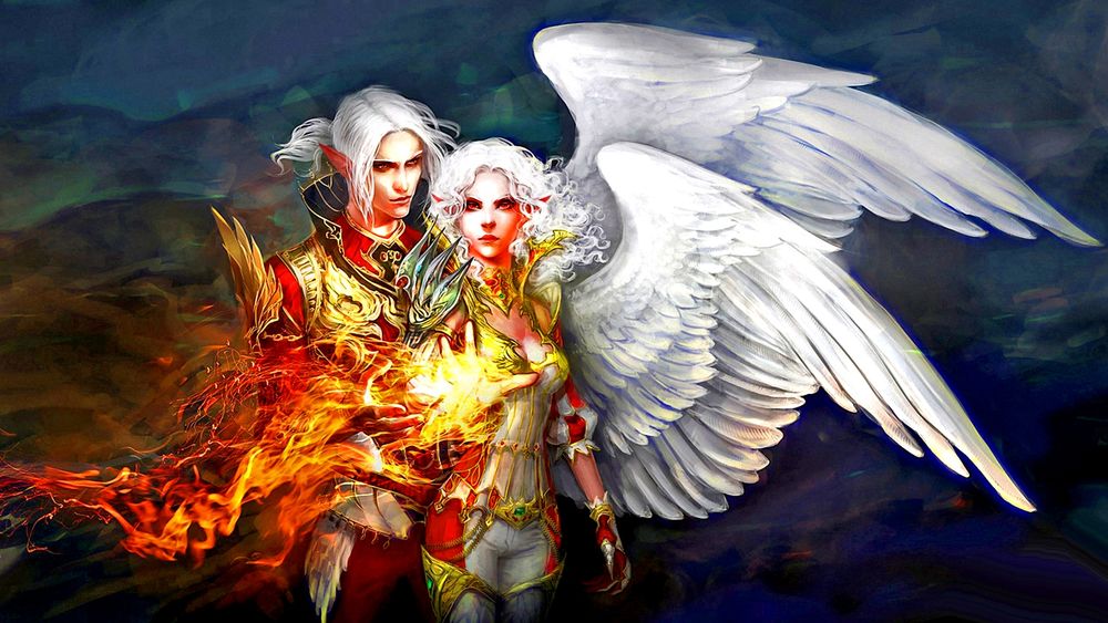 Обои для рабочего стола Два эльфа-ангела, парень и девушка с одним крылом и огнем на другой стороне