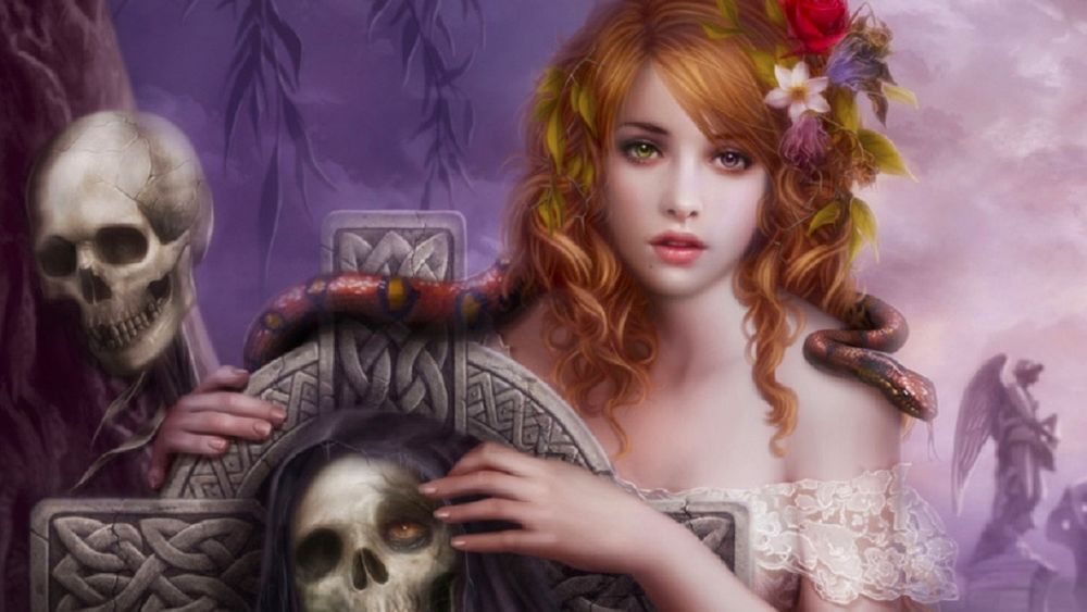 Обои для рабочего стола Девушка с цветами в волосах, змеей на плече стоит на кладбище возле кельтского креста и черепов