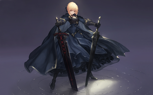 Обои на рабочий стол Сейбер Альтер / Saber Alter / Dark Saber из визуальной новеллы Fate / stay night, стоит в воде с двумя мечами