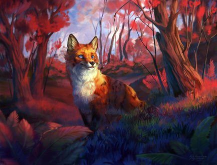 Обои на рабочий стол Голубоглазая лисица на фоне осенних деревьев, by Pihguinolog