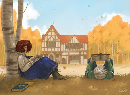 Обои на рабочий стол Девушка и парень читают книги на природе на фоне дома и деревьев, by anakareninart