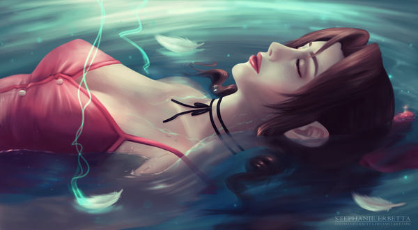 Обои на рабочий стол Aeris Gainsborough / Айрис Гейнсборо в воде, персонаж компьютерной ролевой игры Final Fantasy VII Remake / Последняя фантазия 7, art by Stephanie Erbetta