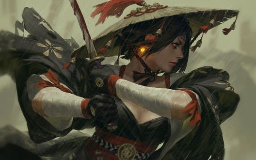 Обои на рабочий стол Девушка с мечом под дождем, by GUWEIZ