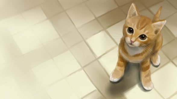 Обои на рабочий стол Рыжий котенок сидит на полу, by TamalasGhost