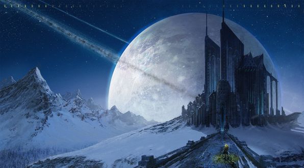 Обои на рабочий стол Стеклянный замок на фоне луны в заснеженных горах. Человек стоит на дороге
