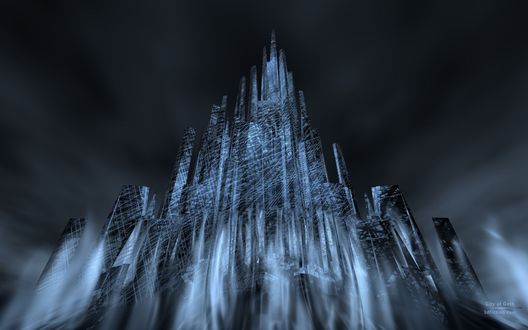 Обои на рабочий стол Стеклянный 3D замок в тумане на фоне темного неба