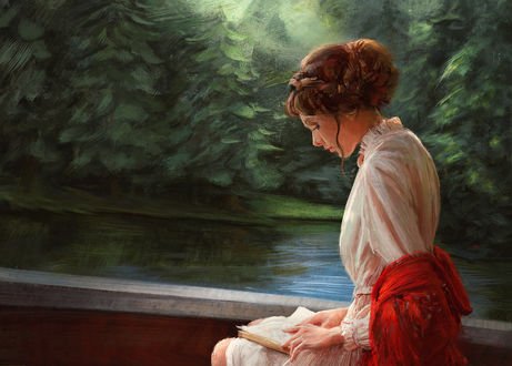 Обои на рабочий стол Девушка с книгой сидит у водоема, by Mandy Jurgens