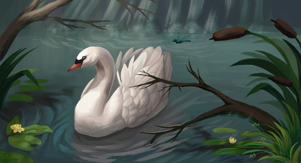 Обои на рабочий стол Стрекоза возле белого лебеда на воде, by Night-Owl-23