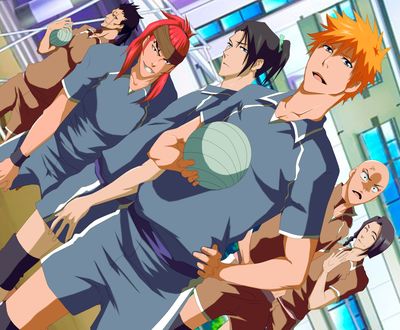 Обои на рабочий стол Kuchiki Byakuya, Kurosaki Ichigo / Куросаки Ичиго, Abarai Renji, Zaraki Kenpachi и Ikkaku madareme в волейбольной форме из аниме Блич / Bleach