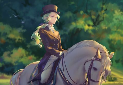 Обои на рабочий стол Diana Cavendish / Диана Кавендиш верхом на белой лошади, персонаж из аниме Little Witch Academia / Академия ведьмочек, art by Edakai