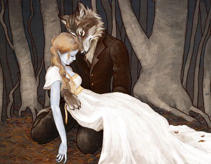 Обои на рабочий стол Парень - волк держит мертвую девушку, by bluefooted