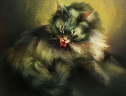 Обои на рабочий стол Кошка вылизывает себя, by pixxus