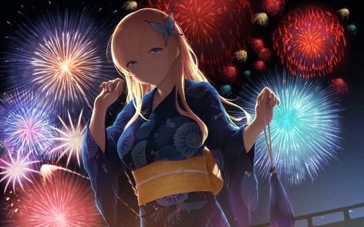 Обои на рабочий стол Kashiwazaki Sena / Сэна Касивадзаки одетая в юкату, на фоне феерверков, персонаж из аниме У меня мало друзей / Boku wa Tomodachi ga Sukunai, art by Cait